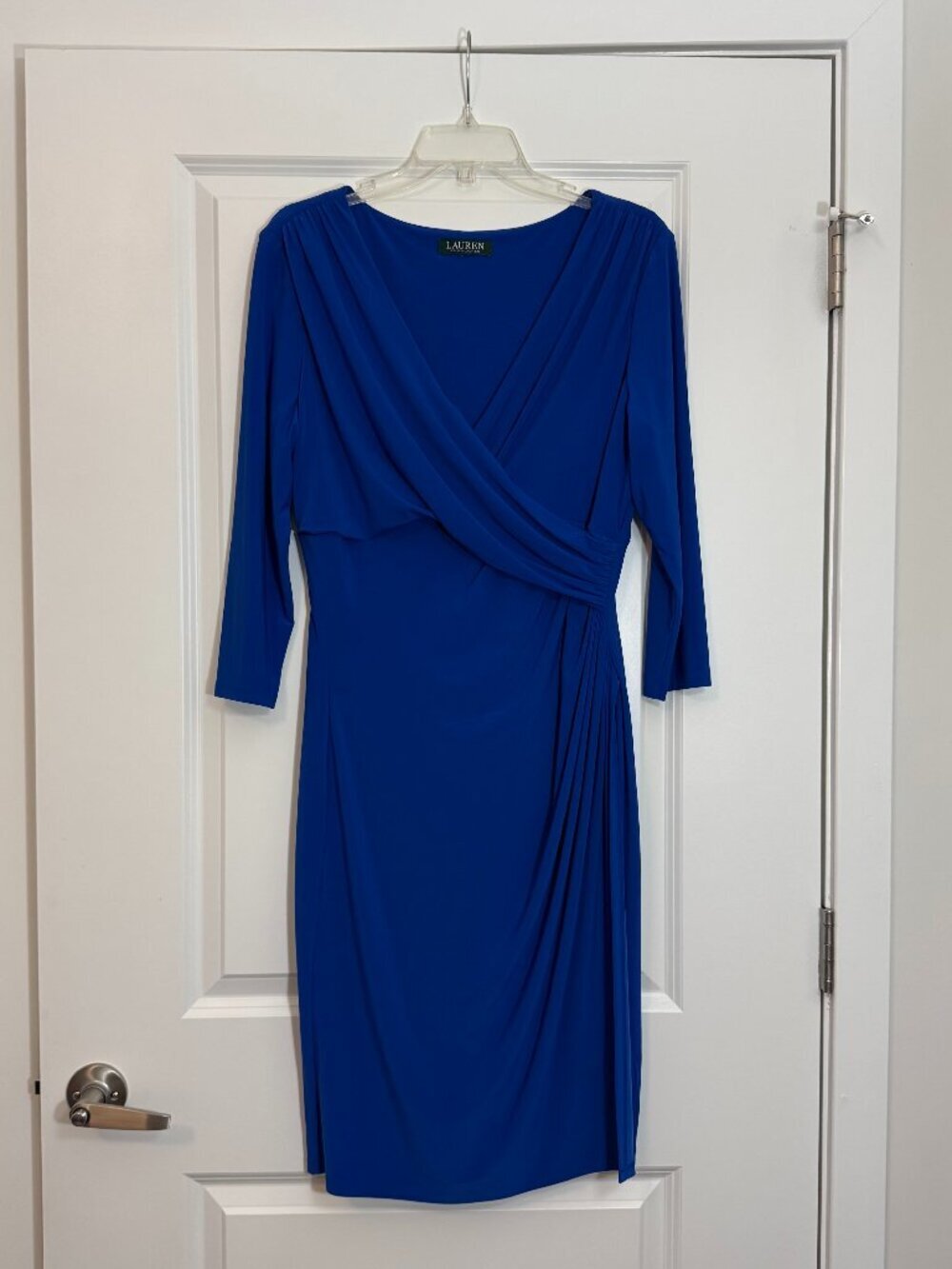 Lauren Ralph Lauren Faux Wrap Ruched Dress - Cobalt Blue Size L